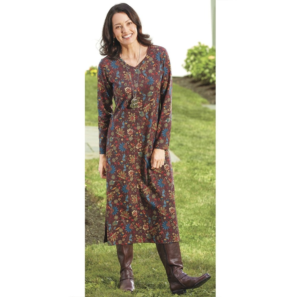 SERENGETI S Renaissance Garden Shift‎ Dress V-Neck Midi Brown Floral Boho Earthy